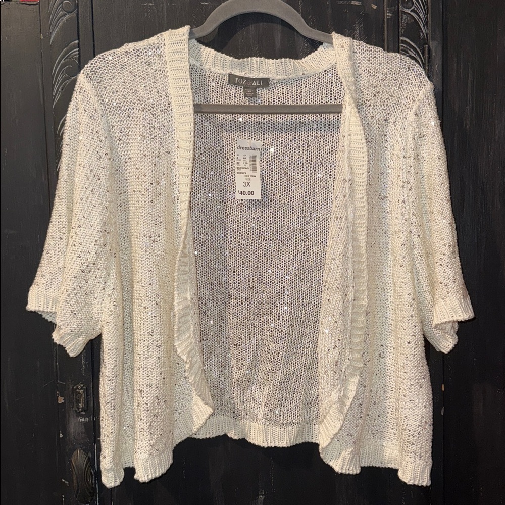Roz & Ali White Sequin Open-Front Cardigan